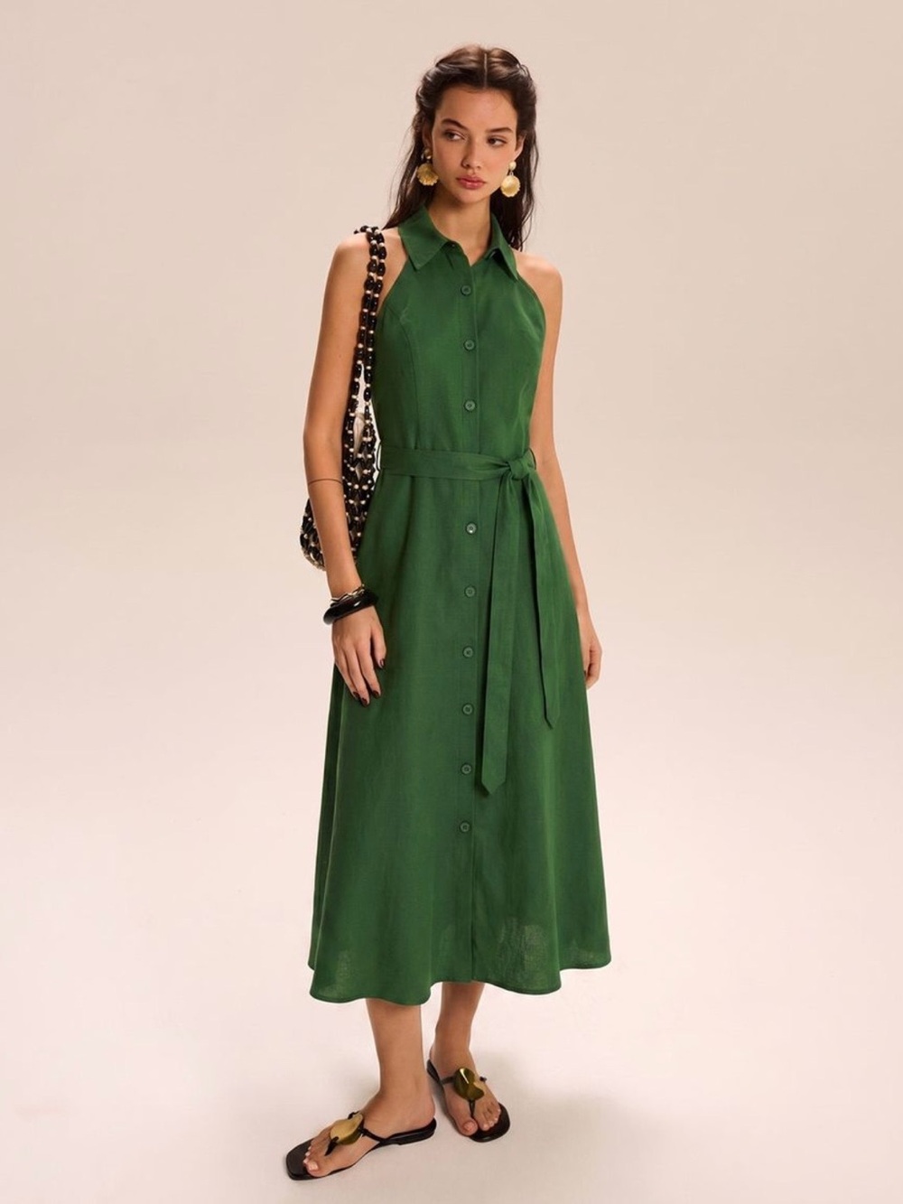 Commense Sleeveless Button-Front Midi Dress in Emerald Green
